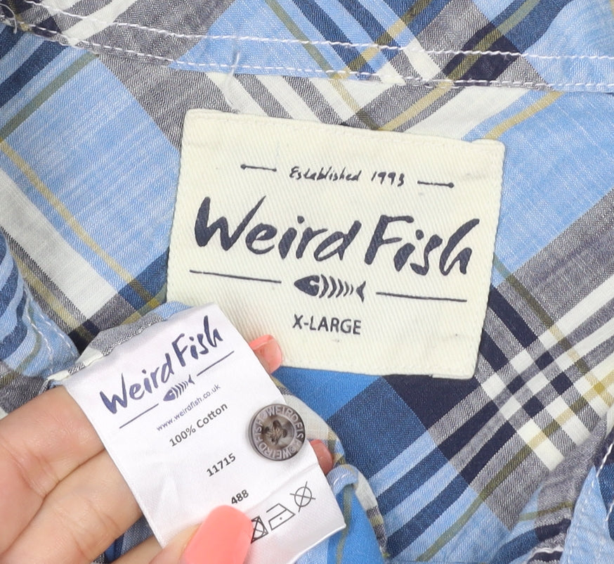 Weird Fish Mens Blue Plaid Cotton Short Sleeve Button-Up Shirt XL