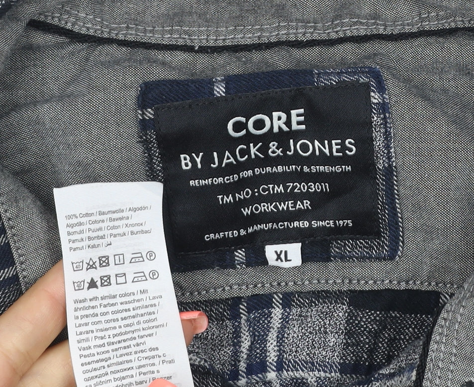 Jack & Jones Men’s Blue Check Flannel Long Sleeve Button-Up Shirt XL