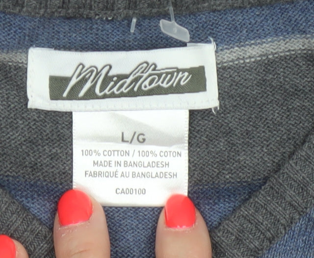 Midtown Men’s Blue Grey Striped V-Neck Cotton Knit Vest L