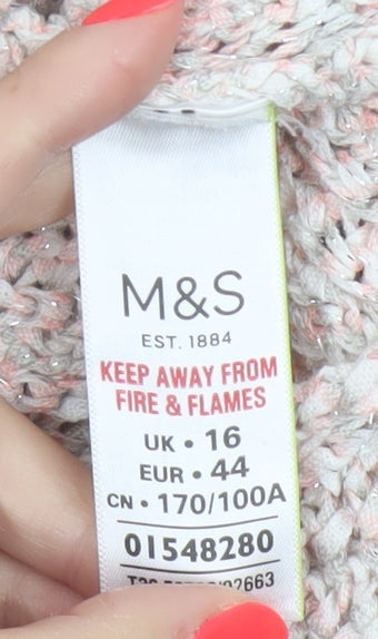 Marks & Spencer Women Ivory Pink Glitter Chunky Knit V-Neck Jumper UK 16