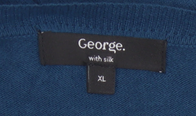 George Men’s Blue XL V-Neck Cotton Silk Cashmere Pullover Jumper