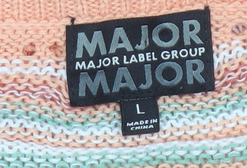 Major Women’s Peach Stripe Open-Knit Button Cardigan Size L