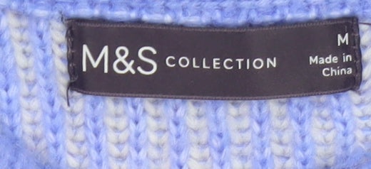 Marks and Spencer Women Blue M Rib Knit Striped Raglan Jumper