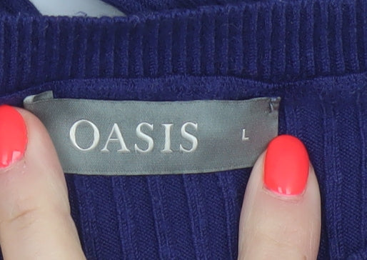 Oasis Women’s Blue L Ribbed Crew Neck Long Sleeve Slim Jumper