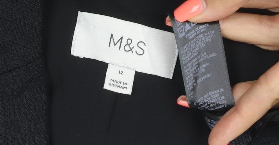 M&S Women Black UK 12 Linen Short Sleeve Belted Blazer Jacket