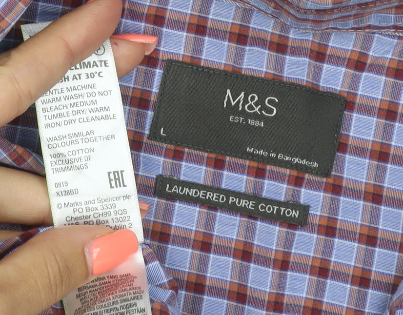 Marks and Spencer Men Blue Check Cotton Short Sleeve Shirt L Button-Down
