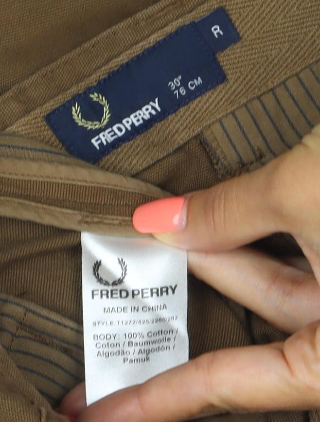 Fred Perry Men’s Brown 30R Cotton Chino Straight Trousers
