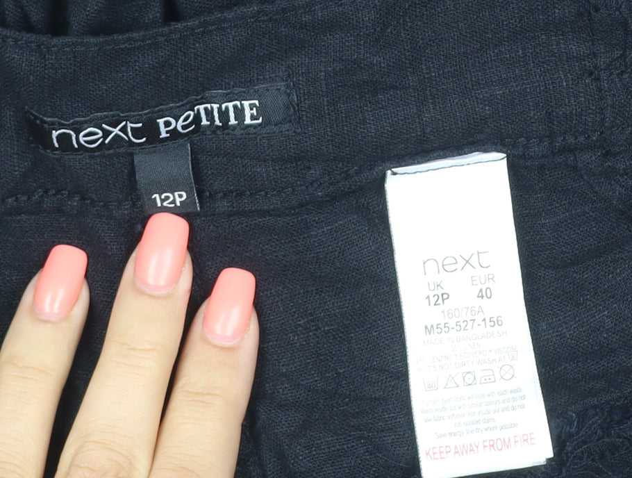 Next Women Black Linen Cargo Trousers Petite UK 12 Straight Leg