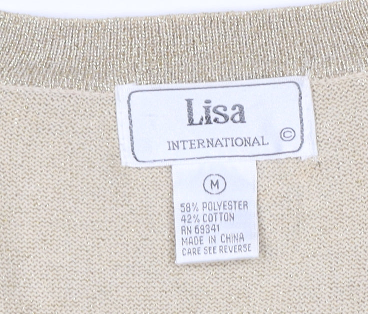 Lisa International Women Gold M V-Neck Button Knit Cardigan