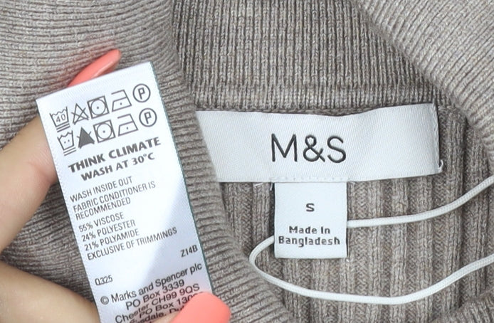 Marks & Spencer Women Beige S Rib Knit Collared Pullover Jumper