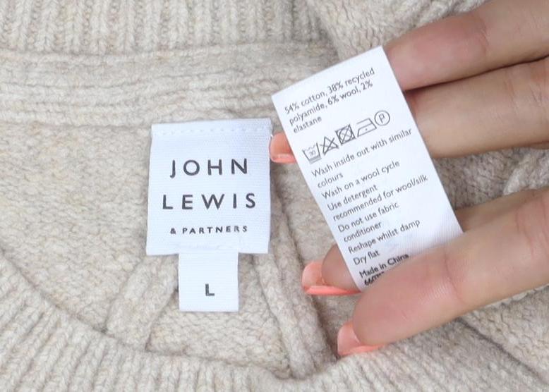 John Lewis Women Beige L Cotton Blend Crew Neck Raglan Knit Jumper