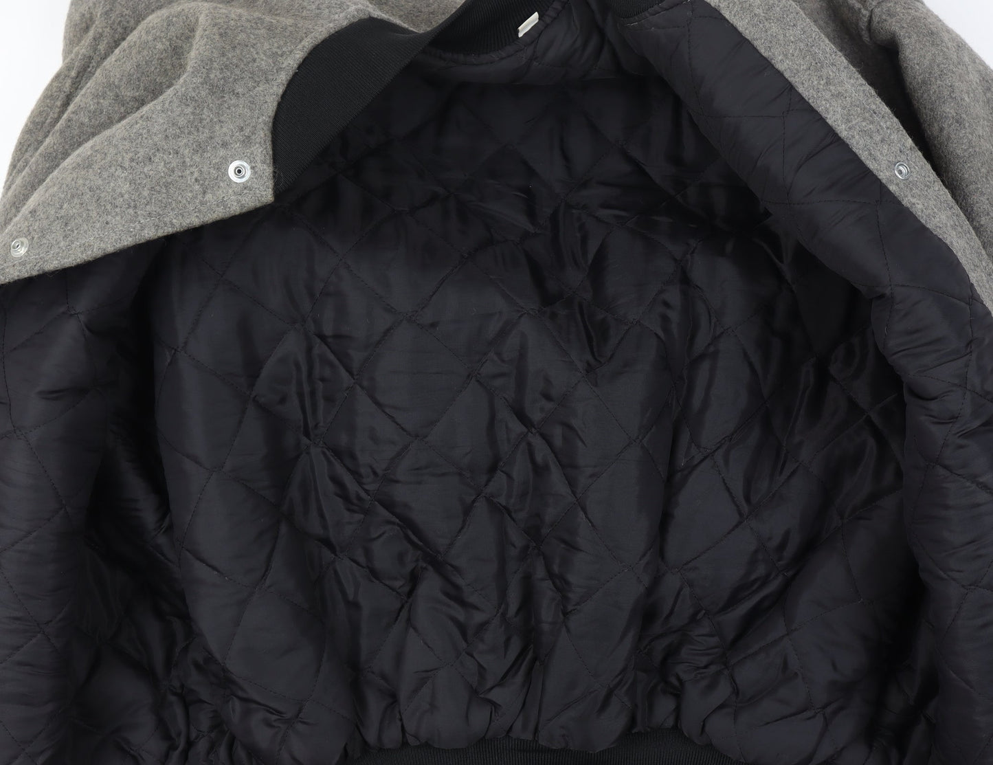 Mens Wool Grey XL Quilted Interior Bomber Jacket Black Ribbed Trim Snap Front