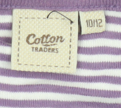 Cotton Traders Women Purple White Stripe V-Neck Cotton Top Size 12