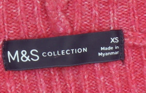 Marks and Spencer Women Pink XS Hooded Cable Knit V-Neck Jumper