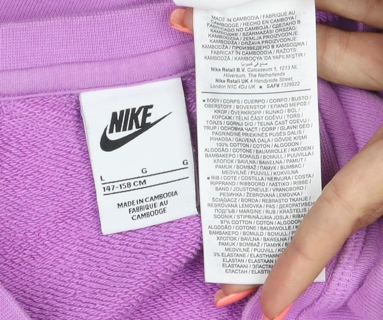 Brand and care label for Nike girls’ purple 158cm air logo embroidered crew neck sweatshirt