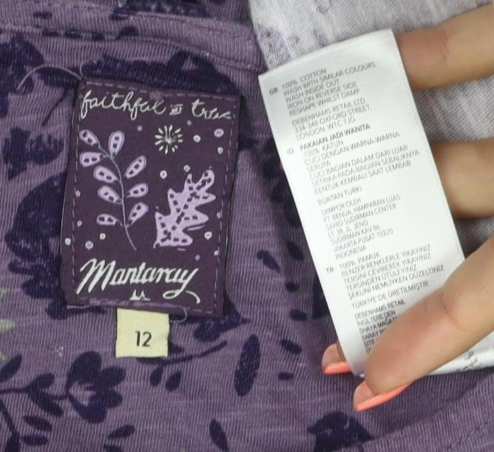 Brand and care label for Mantaray Women Purple 12 Floral Bird Cotton Button-Up Long Sleeve Top