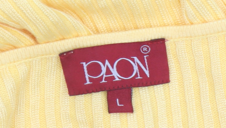 PAON Women’s Yellow L Ribbed V-Neck Short Sleeve Knit Top