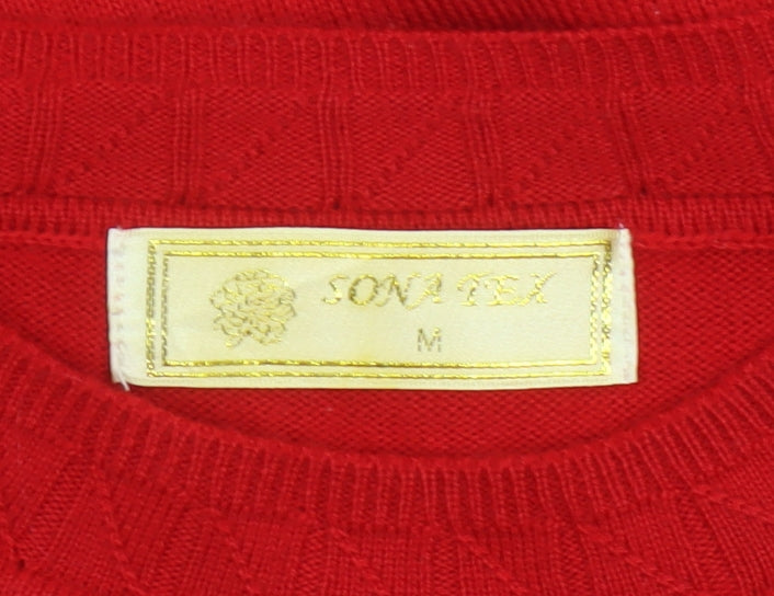 Sona Tex Women’s Red M Floral Embroidered Knit Pullover Jumper