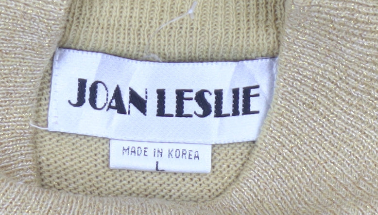 Joan Leslie Women Gold Lurex Knit Mock Neck Short Sleeve Jumper L