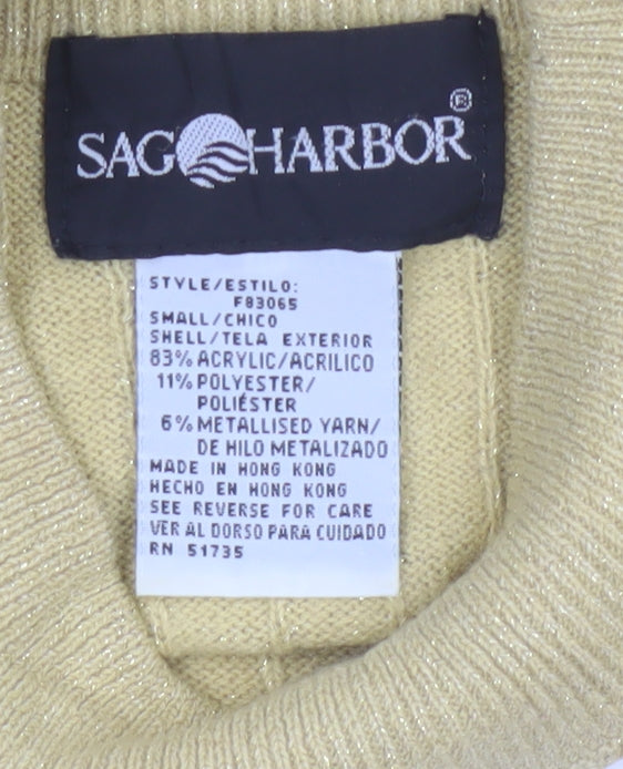 Saco Harbor Women Gold Metallic Rib Knit Mock Neck Short Sleeve Jumper S