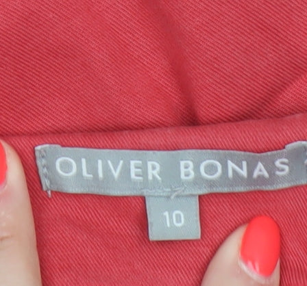 Oliver Bonas Women Red Size 10 Midi Pencil Skirt Belted Button Front