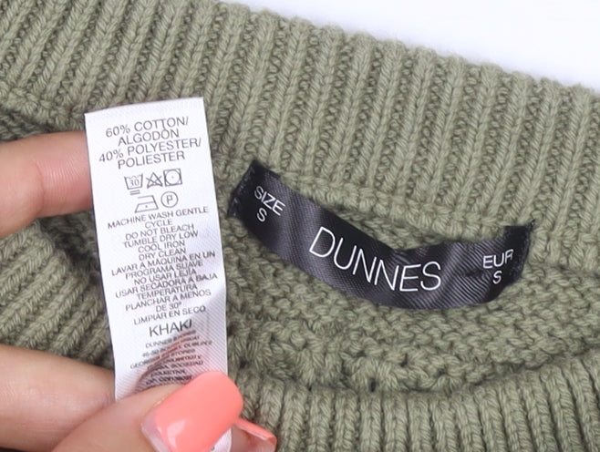 Brand and care label for Dunnes Women Green Khaki, size 8, Open-Knit Sleeveless Jumper Vest