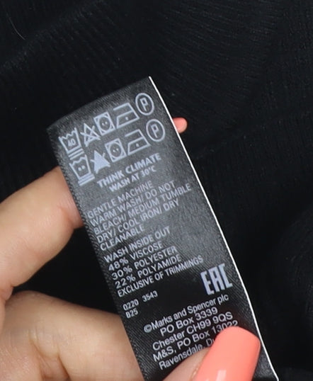 M&S Women Black UK 10 Ribbed Roll Neck Button Sleeve Jumper
