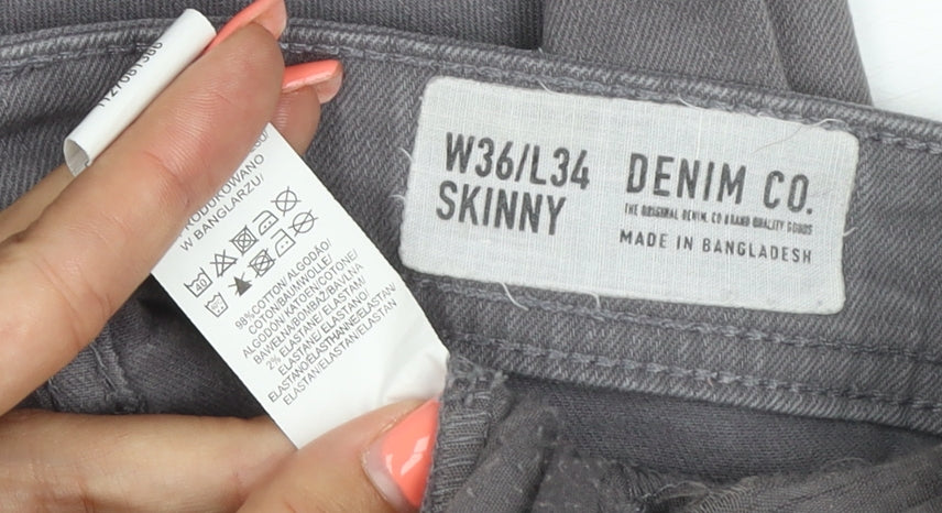 Brand and care label for Denim Co. Men's Grey W36 L34 Skinny Stretch Cotton Jeans