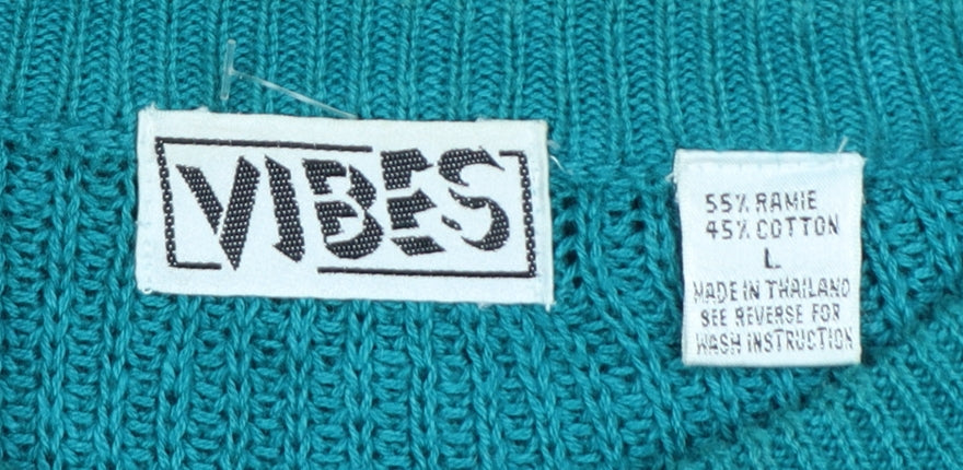 Vibes Women’s Blue Ramie Cotton L Henley Raglan Knit Jumper