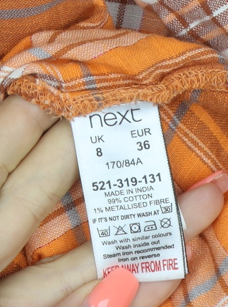 Next Women Orange Plaid Off Shoulder Button Blouse UK 8 3/4 Sleeve