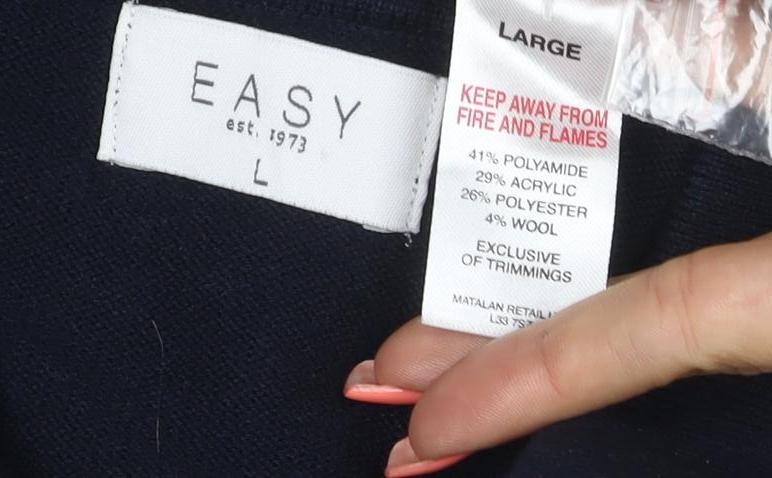 Brand and care label for Easy men’s blue l collared henley geometric knit wool blend jumper