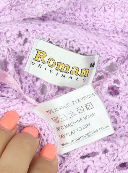 Brand and care label for Roman Originals women’s purple m open knit short sleeve cardigan