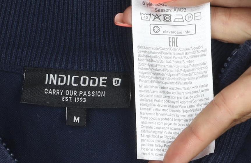 Indicode Men’s Blue M Full Zip High Neck Cotton Blend Jumper