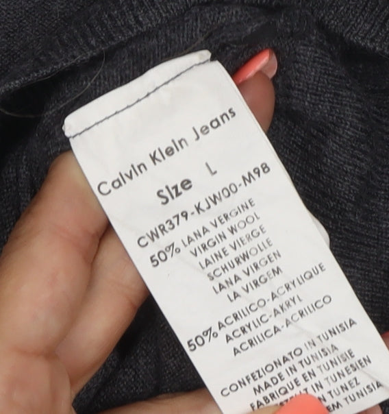 Calvin Klein Jeans Women Grey L Wool Blend Collared V-Neck Jumper