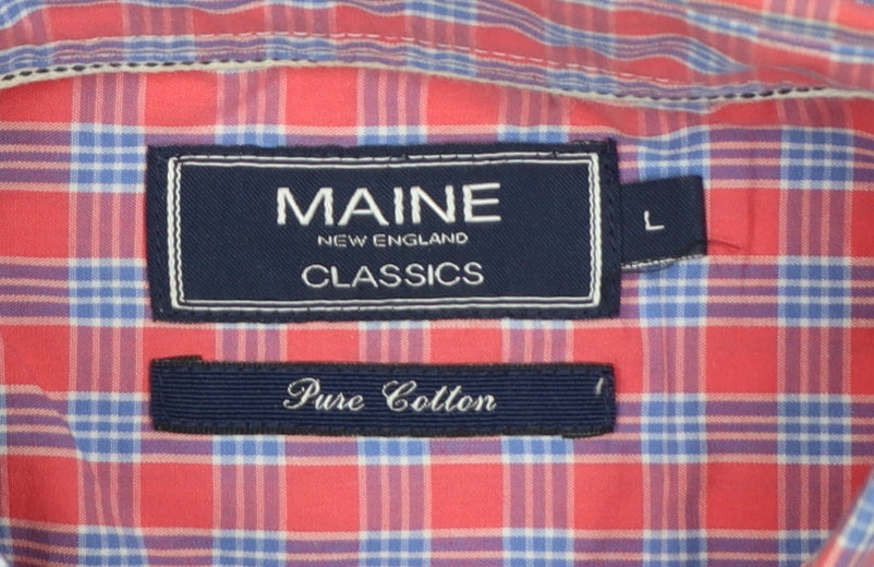 Brand and care label for Maine New England Men’s Pink Blue Check Cotton Button-Down Short Sleeve Shirt L