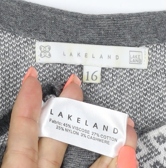 Lakeland Women Grey UK 16 Geometric Cashmere Blend 3/4 Sleeve Jumper