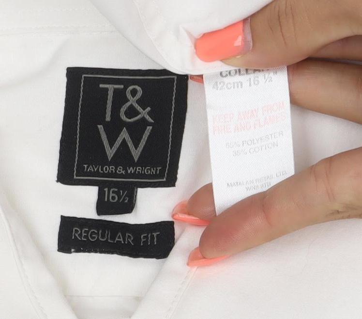 Brand and care label for Taylor & Wright Men’s Ivory 16.5 Regular Fit Formal Dress Shirt