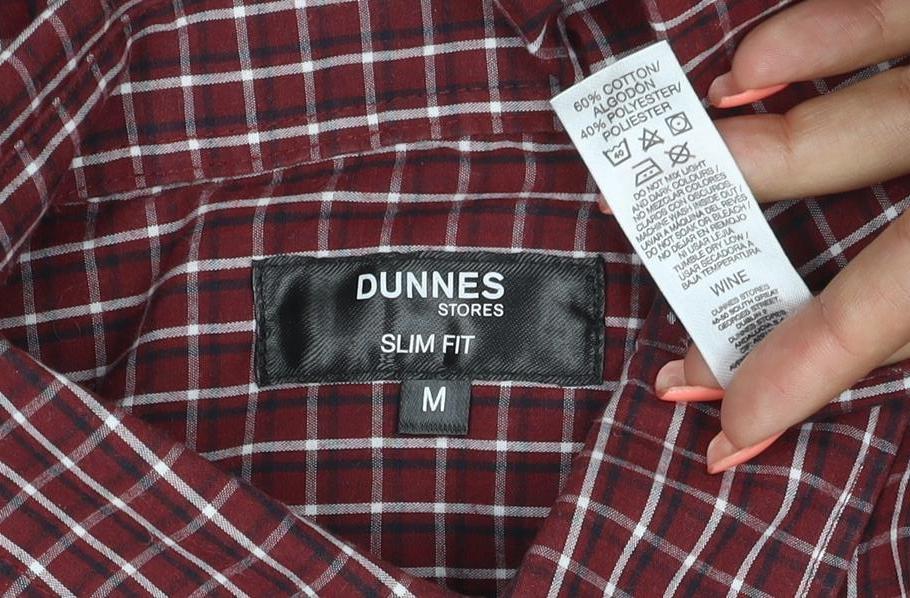 Brand and care label for Dunnes Men Red Check Slim Fit Button-Down Shirt, size M