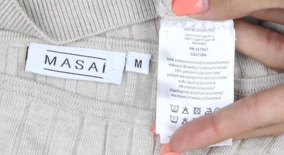 Brand and care label for Masai Women Beige M Ribbed Viscose Knit Long Sleeve Basic Top