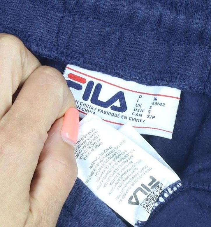 Brand and care label for Fila Men’s Blue Fleece Jogger Trousers, size S, Drawstring
