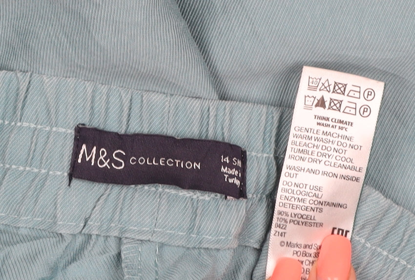 M&S Women Blue Size 14 Slim Lyocell Wide Leg Drawstring Trousers
