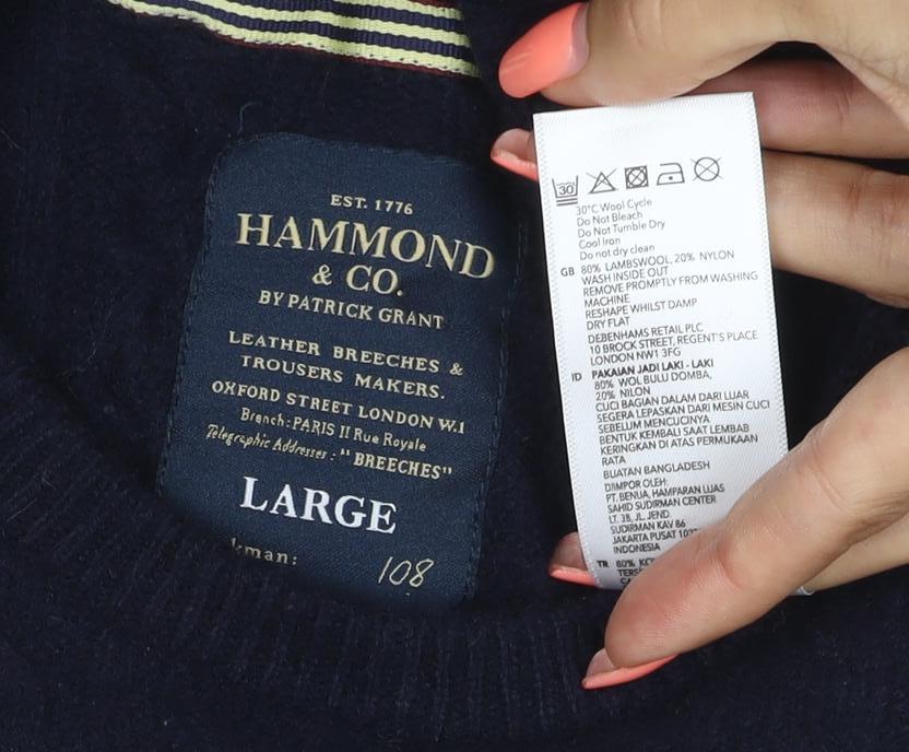 Brand and care label for Hammond & Co. Men’s Navy Blue L Cable Knit Crew Neck Cotton Jumper