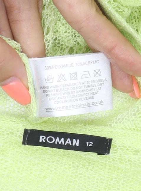Brand and care label for Roman Women Green, size 12, Sheer Lace Knit Wrap Tie Blouse Long Sleeve