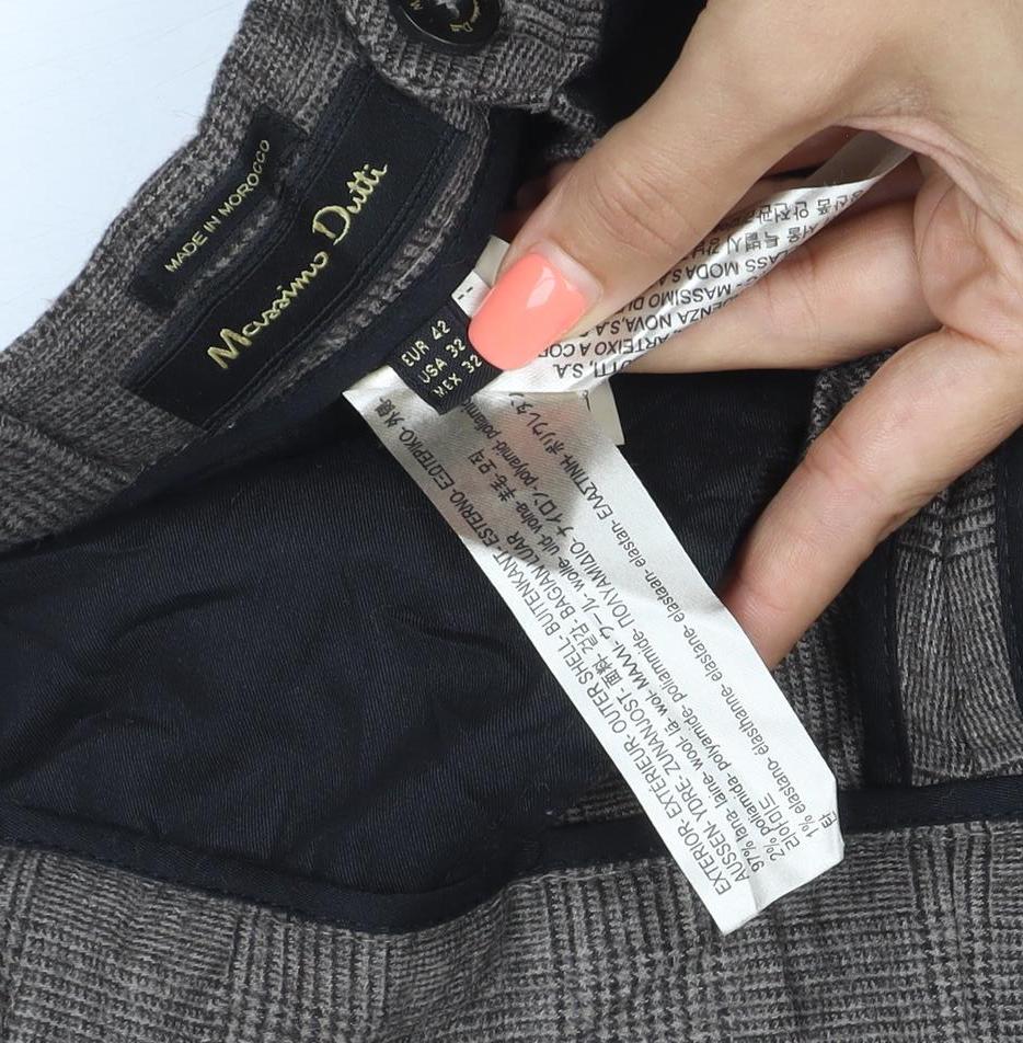 Massimo Dutti Men Grey Check Wool Tapered Dress Trousers W32