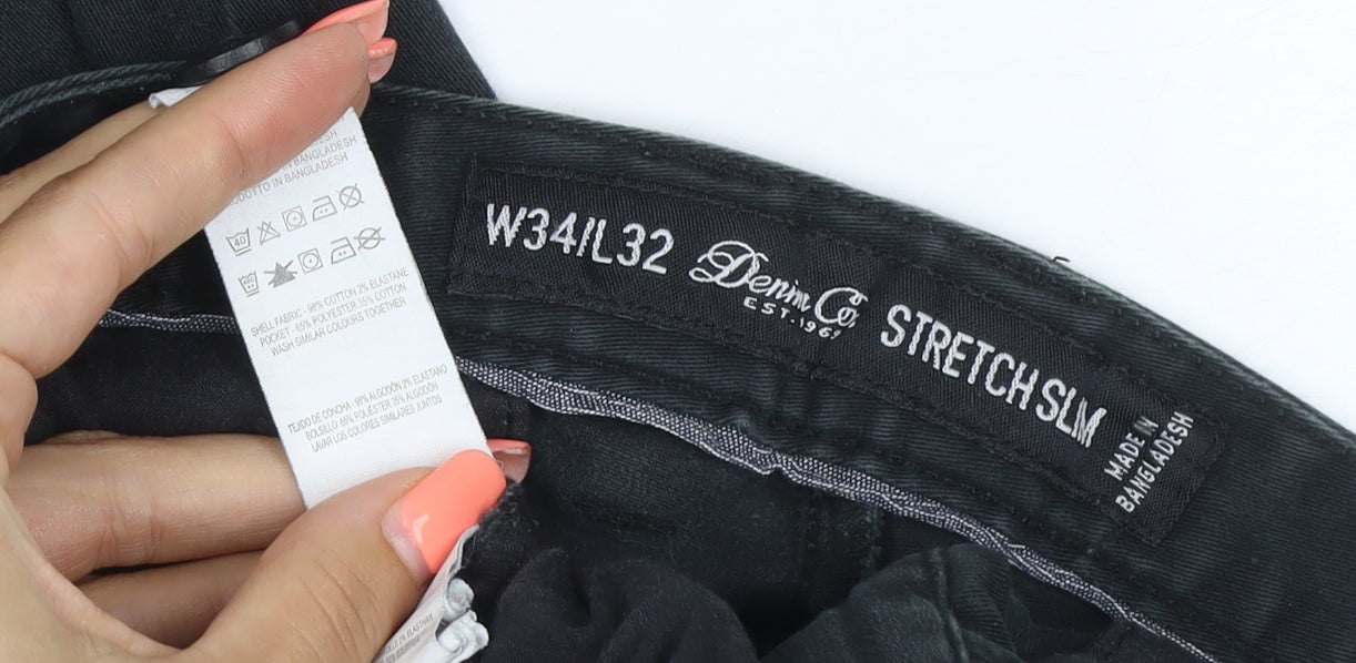 Brand and care label for Denim Co Men's Black W34 L32 Stretch Slim Chino Trousers Cotton