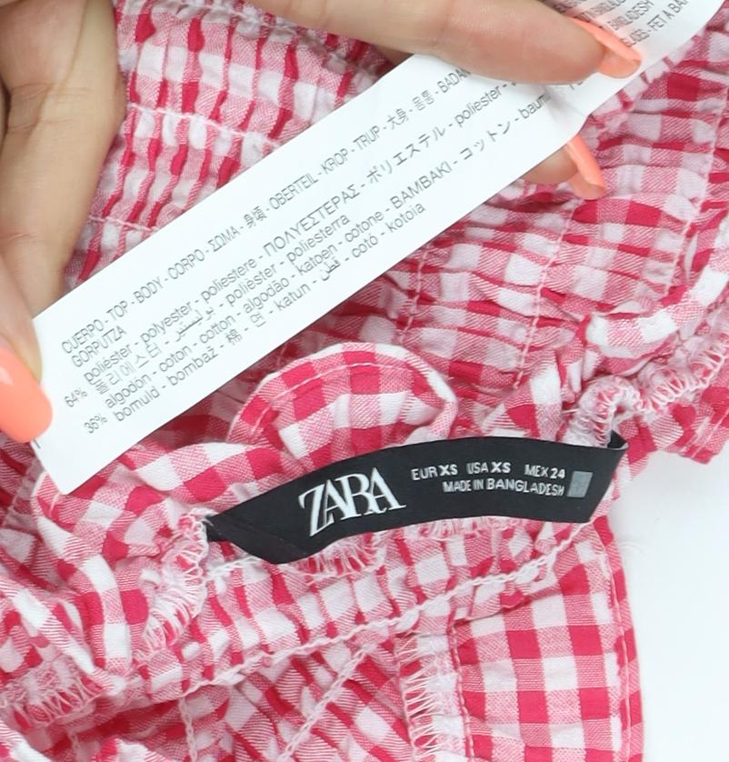 Zara Women Pink XS Gingham Cropped Smocked Ruffle Blouse