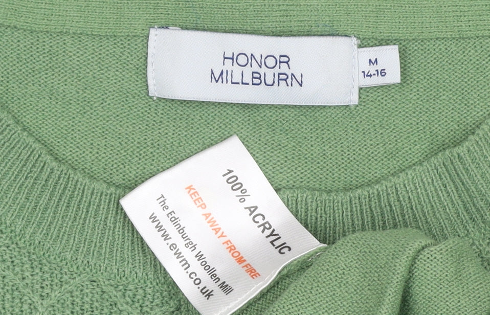 Brand and care label for Honor Millburn Women's Green UK 14-16 Henley Diamond Knit Jumper