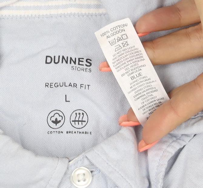 Brand and care label for Dunnes Men Blue L Regular Fit Cotton Button-Down Long Sleeve Shirt
