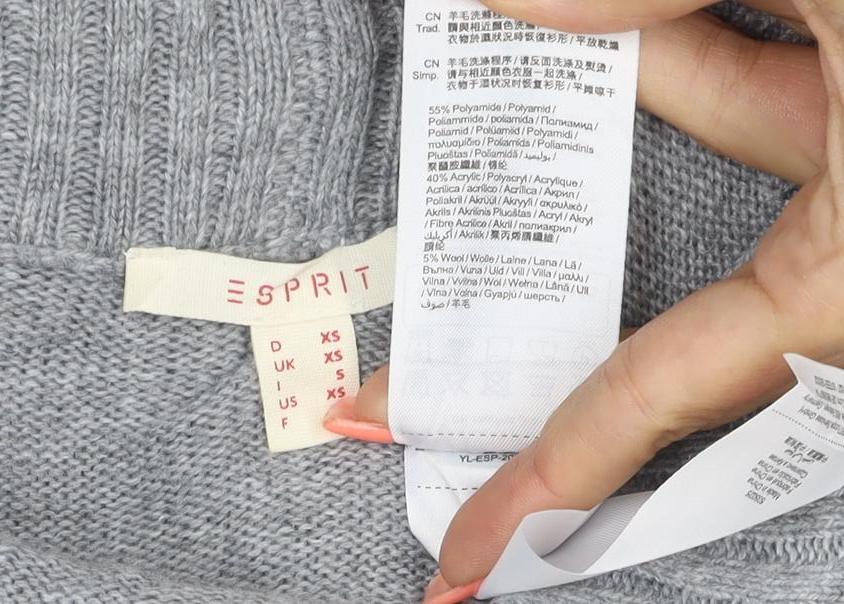 Brand and care label for ESPRIT Women Grey XS Jumper Dress Cowl Neck Belted Knit