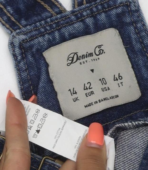 Brand and care label for Denim Co. Women’s Blue UK 14 Denim Pinafore Dungaree Dress